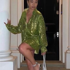 Sequin Shirt Dress in Metallic Green - Women's Dress